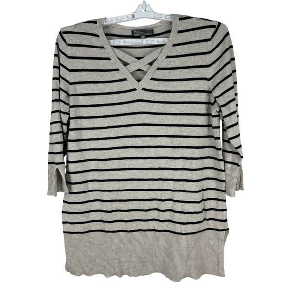89th & Madison Womens Striped Knit Sweater L Cross-V Neck 3/4 Sleeves - Picture 1 of 10